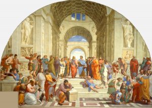 School of Athens: Epicurus, Averroes, Pythagoras Parmenides, Socrates, by Raphael