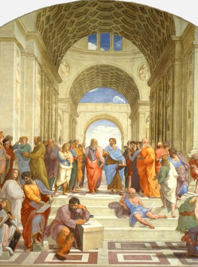 School of Athens: Epicurus, Averroes, Pythagoras Parmenides, Socrates, by Raphael