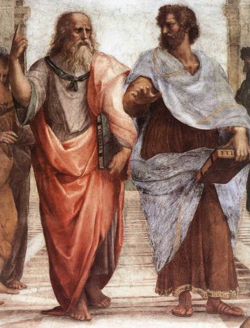Plato (left) and Aristotle (right), from a detail of "The School of Athens", a fresco by Raphael
