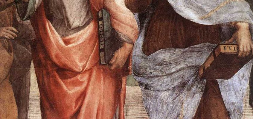 Platon (stânga) și Aristotel (dreapta), dintr-un detaliu al Școlii din Atena, o frescă a lui Raphael