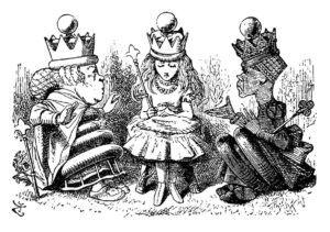 Alice cu Regina Roșie și Regina Albă, gravură de John Tenniel