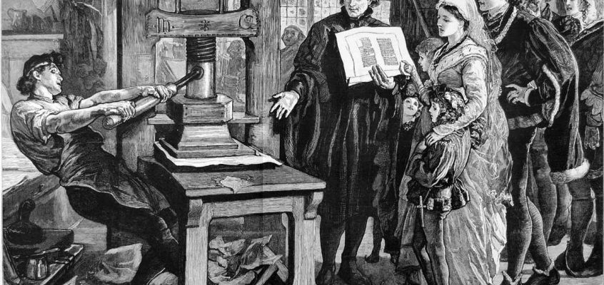 Printer working an early Gutenberg letterpress from the 15th century. (1877 engraving)
