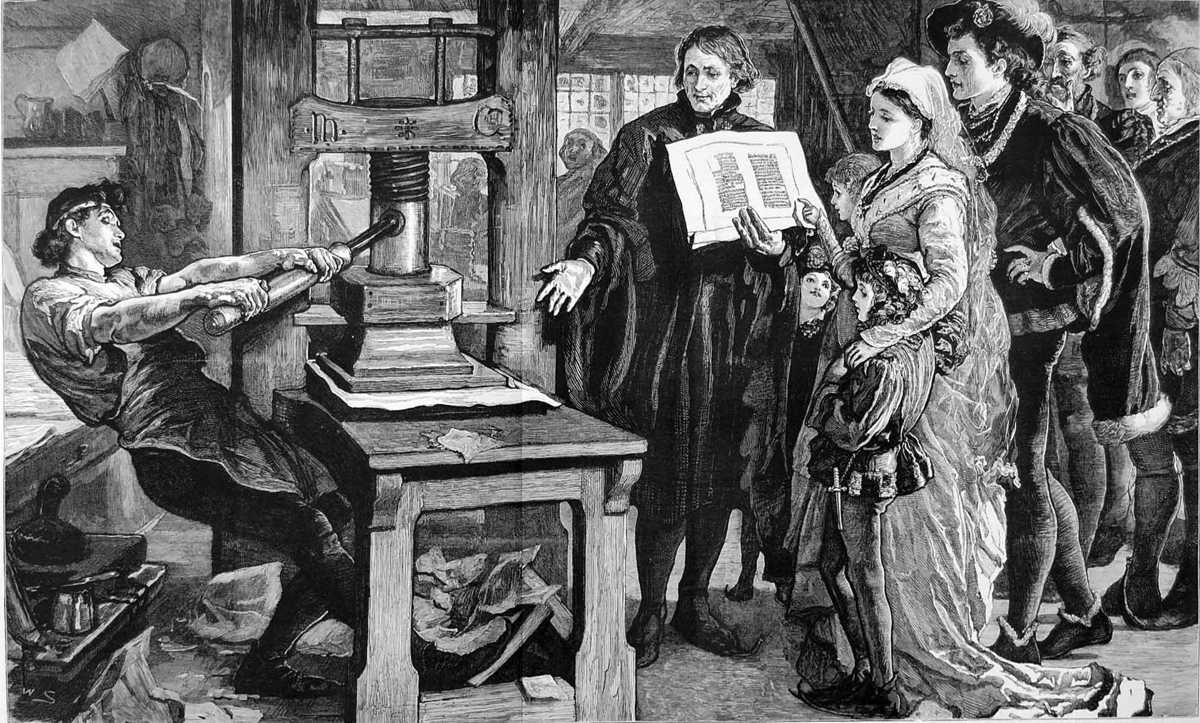 Printer working an early Gutenberg letterpress from the 15th century. (1877 engraving)