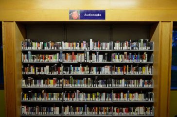 An audiobook collection in a library