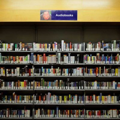 An audiobook collection in a library