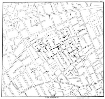 Harta lui John Snow cu cazuri de holeră în epidemia de la Londra din 1854