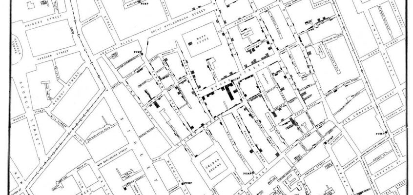 Harta lui John Snow cu cazuri de holeră în epidemia de la Londra din 1854