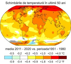 Temperatura medie a aerului la suprafață din 2011 până în 2020 comparativ cu media de referință din 1951 până în 1980 