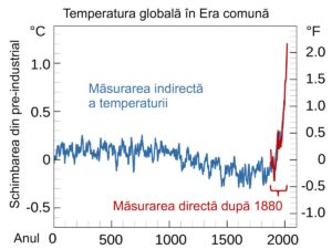 Reconstrucția temperaturii globale a suprafeței în ultimii 2000 de ani folosind date proxy din inele de copaci, corali și miezuri de gheață în albastru. Datele observaționale direct sunt în roșu.
