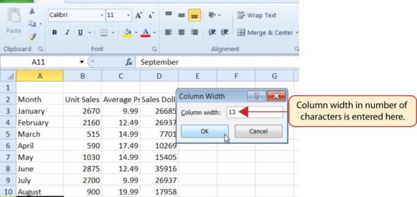 Excel - Caseta de dialog Column Width