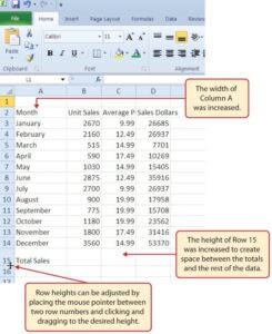 Excel - coloana A și rândul 15 ajustate