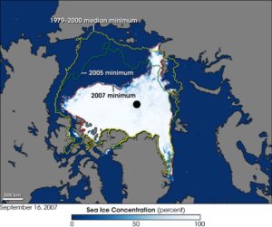 Gheața arctică din 2007 comparativ cu 2005