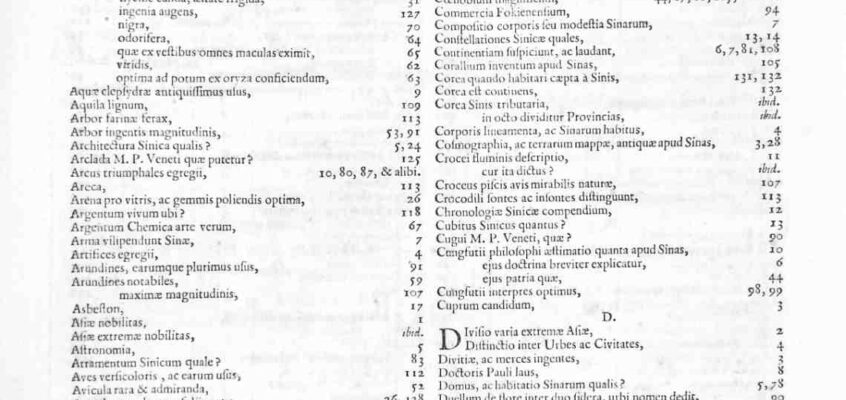 Prima pagină a indexului Novus Atlas Sinensis de Martino Martini