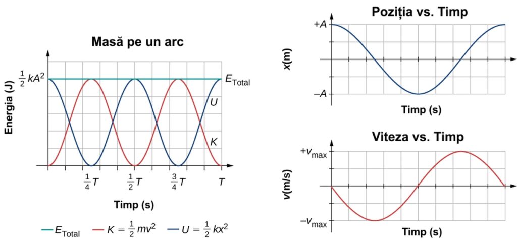 Graficul energiei cinetice, energiei potențiale și energiei totale a unui bloc care oscilează pe un arc în mișcarea armonică simplă