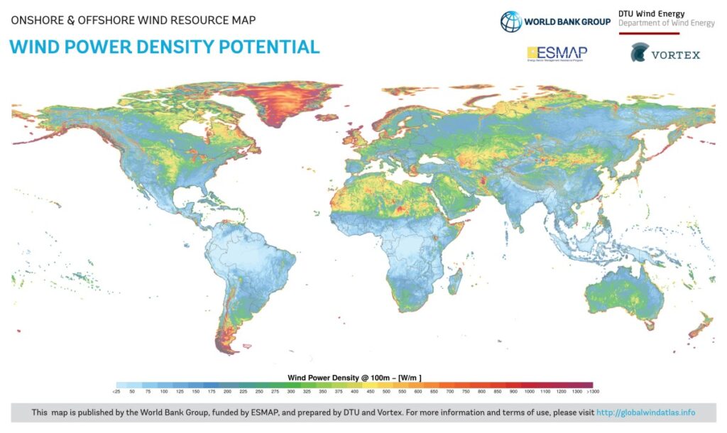 Harta globală a potențialului densității energiei eoliene.