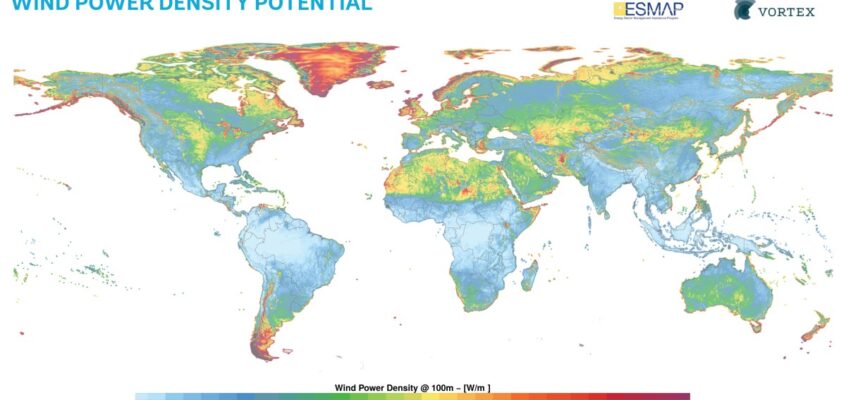 Harta globală a potențialului densității energiei eoliene.