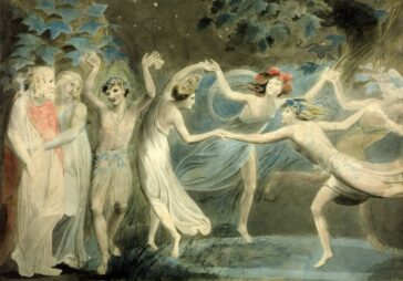 Oberon, Titania și Puck cu zâne care dansează. Artist: William Blake
