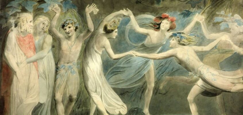 Oberon, Titania și Puck cu zâne care dansează. Artist: William Blake