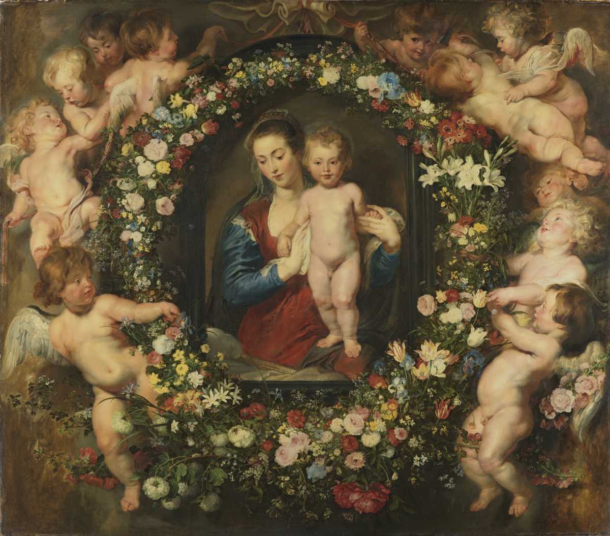 Madona într-o ghirlandă de flori. Artist: Peter Paul Rubens și Jan Brueghel cel Bătrân