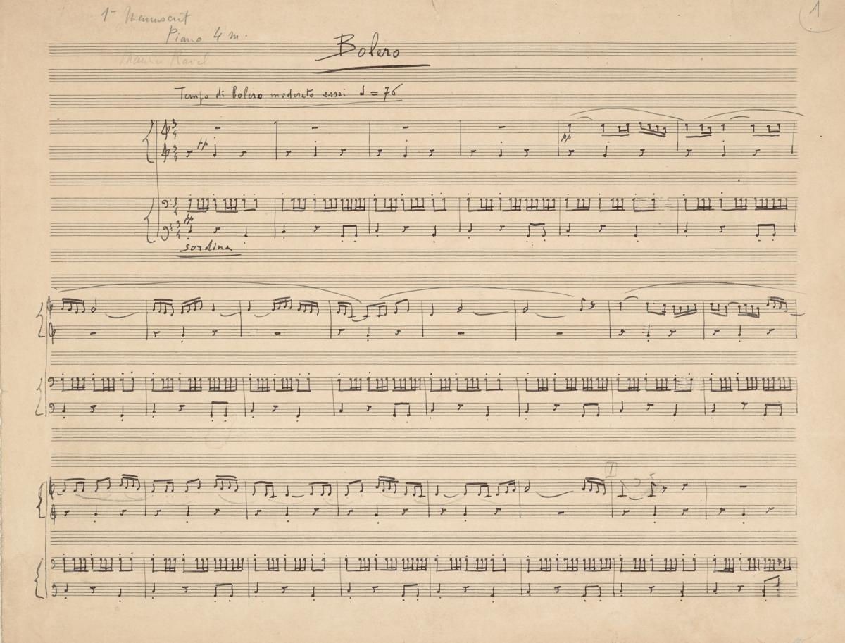 Manuscrisul piesei Boléro a lui Maurice Ravel.
