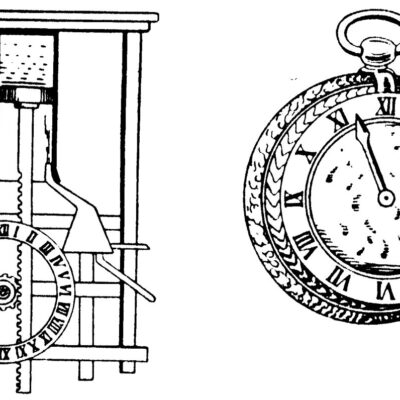 Un ceas antic cu apă (stânga) și un vechi ceas de buzunar (dreapta)