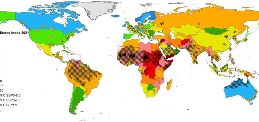 Suprapunerea între fragilitatea statului, căldura extremă și pericolele catastrofale nucleare și biologice.