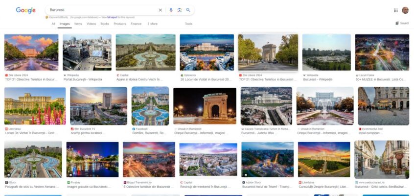Afișarea în SERP Google a rezultatelor imaginilor după căutarea ”Bucuresti”