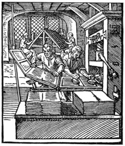 Gravura tipografiei din secolul al XVI-lea. Artist: Jost Amman