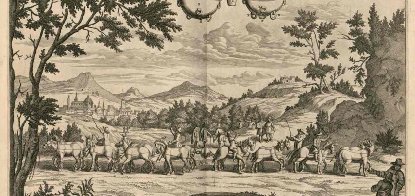 Schița lui Gaspar Schott despre experimentul emisferelor din Magdeburg al lui Otto von Guericke