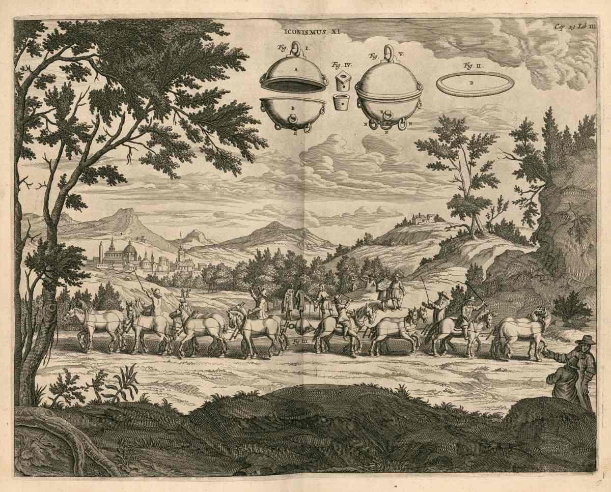 Schița lui Gaspar Schott despre experimentul emisferelor din Magdeburg al lui Otto von Guericke
