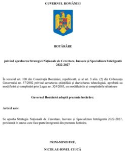 Strategia Națională de Cercetare, Inovare și Specializare Inteligentă 2022-2027​