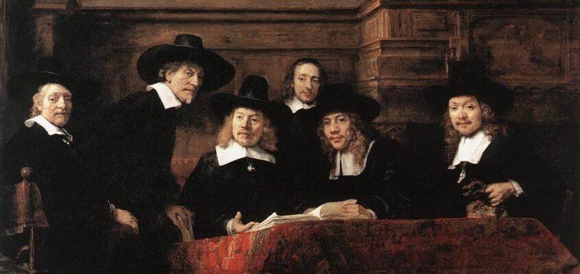 Juriștii breslei vânzătorilor de textile din Amsterdam, cunoscuți sub numele de „Oficialii de eșantionare”. Artist: Rembrandt.