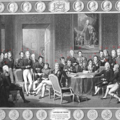 Congresul de la Viena de Jean-Baptiste Isabey (1819). Congresul a fost de fapt o serie de întâlniri față în față între puterile coloniale. A servit la împărțirea și reaproprierea exploatațiilor imperiale. Gravor: Jean Godefroy, după Jean-Baptiste Isabele (1767–1855).