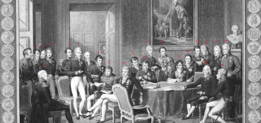 Congresul de la Viena de Jean-Baptiste Isabey (1819). Congresul a fost de fapt o serie de întâlniri față în față între puterile coloniale. A servit la împărțirea și reaproprierea exploatațiilor imperiale. Gravor: Jean Godefroy, după Jean-Baptiste Isabele (1767–1855).