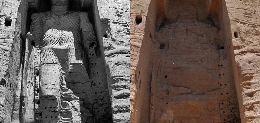 Buddha mai înalt din Bamiyan înainte (stânga) și după distrugere (dreapta).