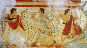 Frescă din secolul al V-lea î.Hr. cu dansatori și muzicieni, Mormântul Leopardilor, necropola Monterozzi, Tarquinia, Italia