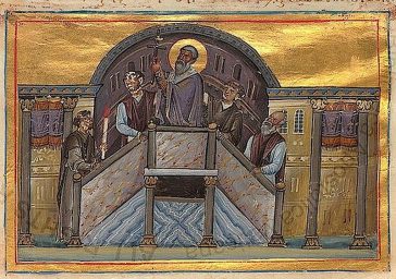 Episcopul Macarie al Ierusalimului arată poporului Sfânta Cruce, Menologul împăratului Vasile al II-lea, secolul al XI-lea