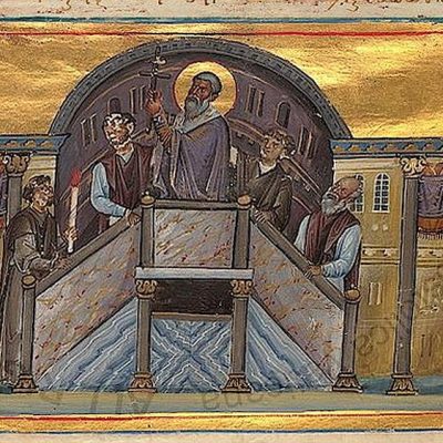 Episcopul Macarie al Ierusalimului arată poporului Sfânta Cruce, Menologul împăratului Vasile al II-lea, secolul al XI-lea
