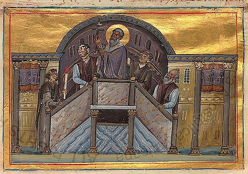 Episcopul Macarie al Ierusalimului arată poporului Sfânta Cruce, Menologul împăratului Vasile al II-lea, secolul al XI-lea