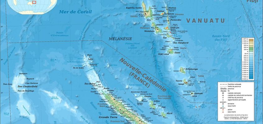 Carte bathymétrique et topographique de la Nouvelle-Calédonie et de Vanuatu, Océanie