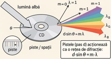 Lumina albă reflectată de suprafața unui CD produce un spectru de culori tip curcubeu