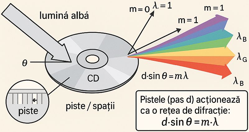 Lumina albă reflectată de suprafața unui CD produce un spectru de culori tip curcubeu