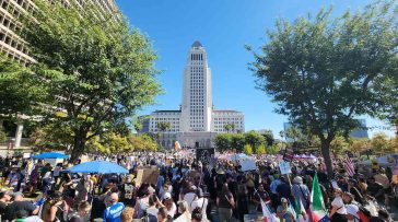 Protest in front of Los Angeles City Hall and Grand Park