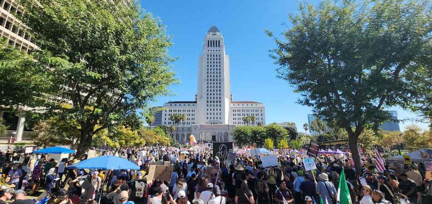Protest in front of Los Angeles City Hall and Grand Park