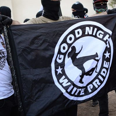 Anti-fascists with banner reading "good night white pride", 2017