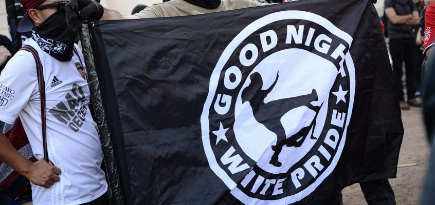 Anti-fascists with banner reading "good night white pride", 2017