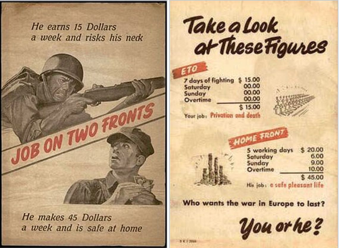 Un pliant de propagandă nazist-german folosit în timpul celui de-al Doilea Război Mondial, în 1945, pentru a demoraliza trupele americane