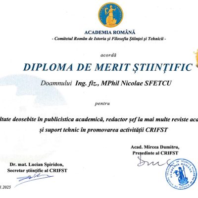Comitetul Român de Istoria și Filosofia Științei și Tehnicii al Academiei Române: ”Meritul științific” - Nicolae Sfetcu