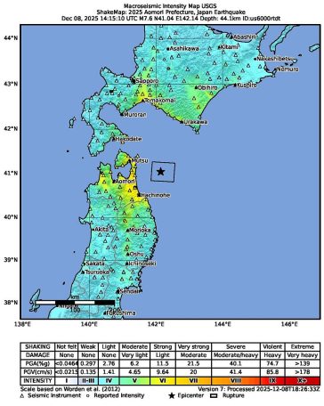 USGS Intensity Map 8 December 2025 Sanriki Earthquake M 7.6