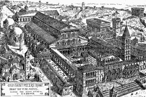 Desen și reconstrucție a Bazilicii Constantiniene, Roma. Artist: H. W. Brewer.